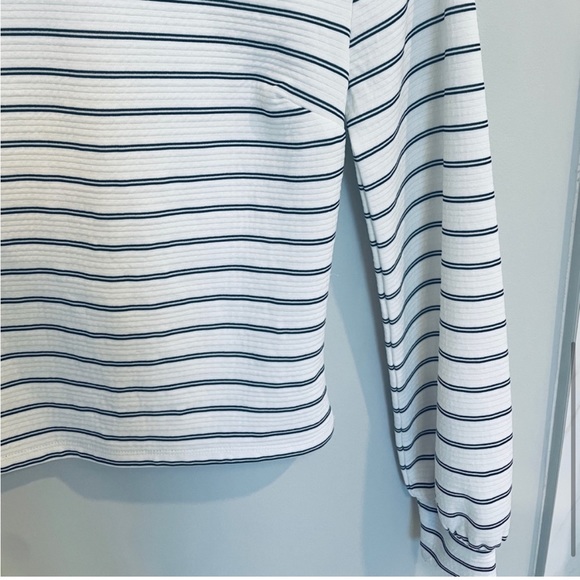 Dynamite White and Black Striped High Neck Puffed Sleeve Top - Picture 3 of 10
